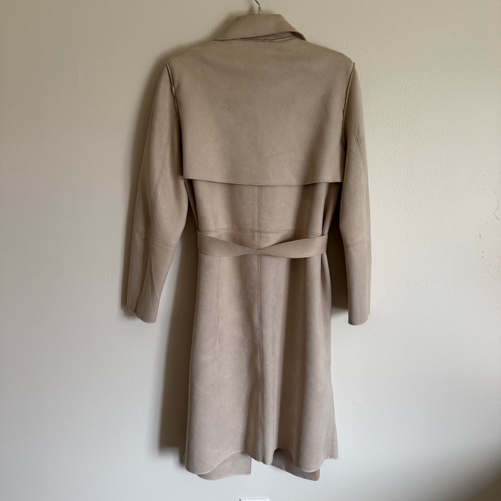 H&M Classic Tan Faux Suede Trench Coat Tie Waist Women's Size Medium - Picture 6 of 10